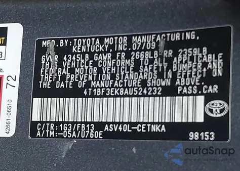 2010 Toyota Camry Le from USA, damaged, VIN 4T1BF3EK8AU524232